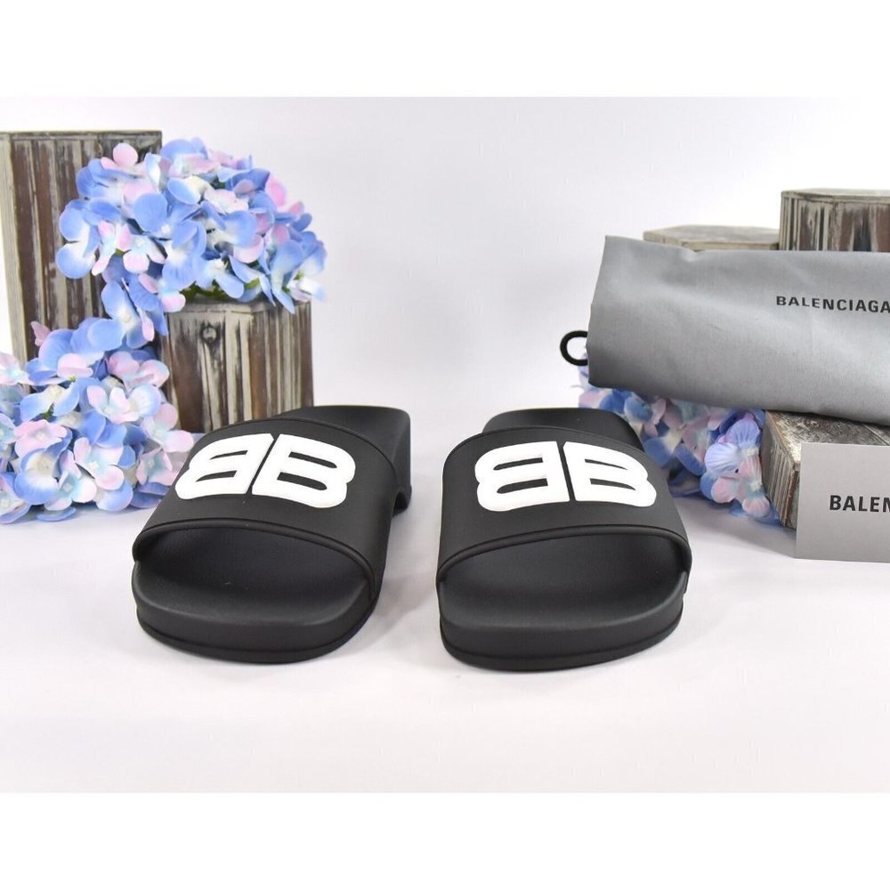 Balenciaga BB Black Rubber Wedge Slide Sandals Size 38 NIB - Picture 7 of 10